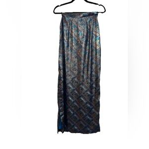 VTG 70s Blue Metallic Brocade Silk Maxi Skirt Handmade Whimsical Fairycore Small